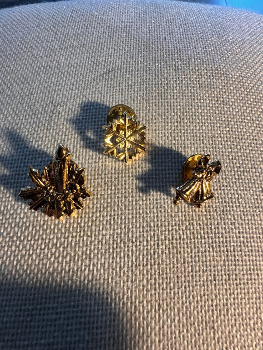 Lot of 3 Vintage Gold-Tone Lapel Pins Christmas Candlestick Snowflake Bells